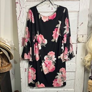 Eliza J Black Dress with Pink Floral Design Zip Back Closure w/ eyeHook Sz 16W